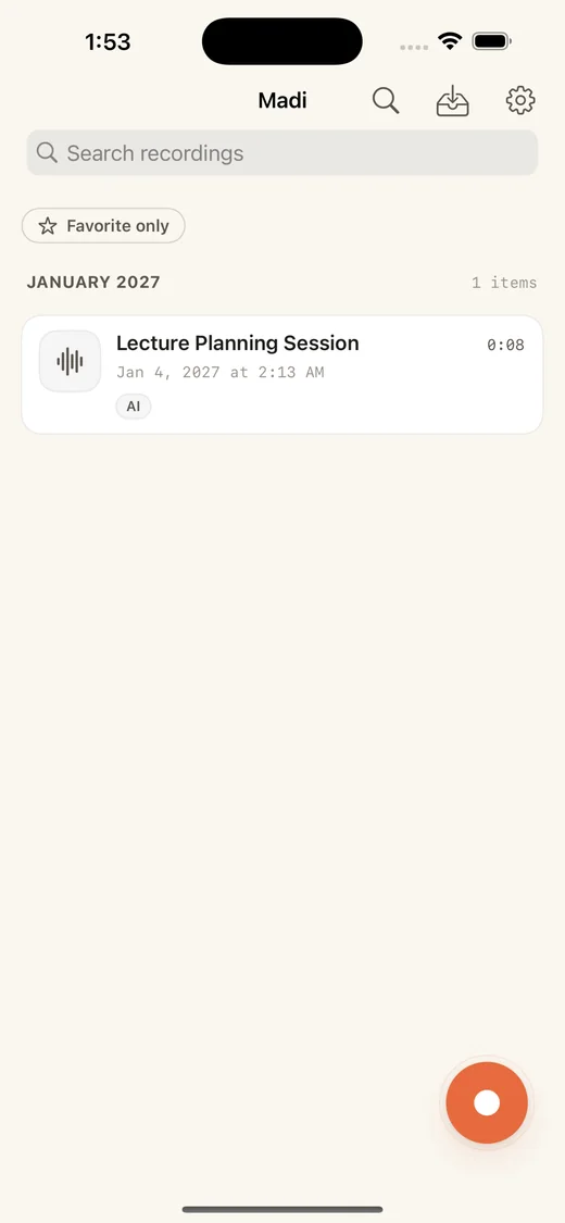 Madi recordings list with a lecture planning session and record button.