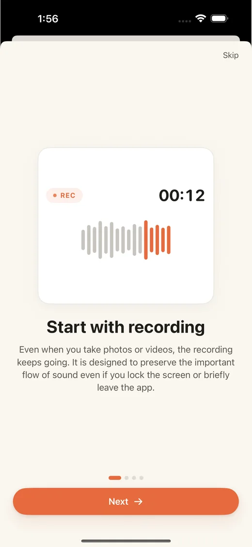 Madi onboarding screen explaining that recording keeps going while capturing media.