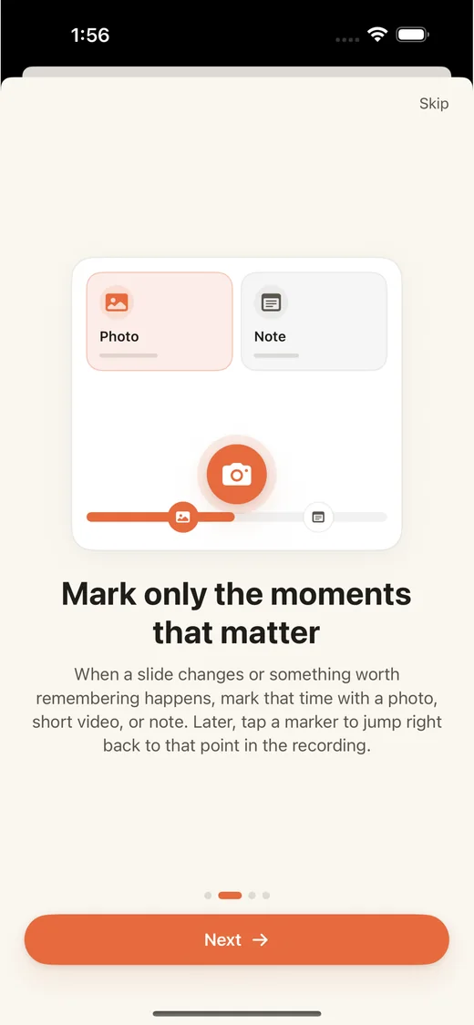 Madi onboarding screen showing photo and note marker controls.