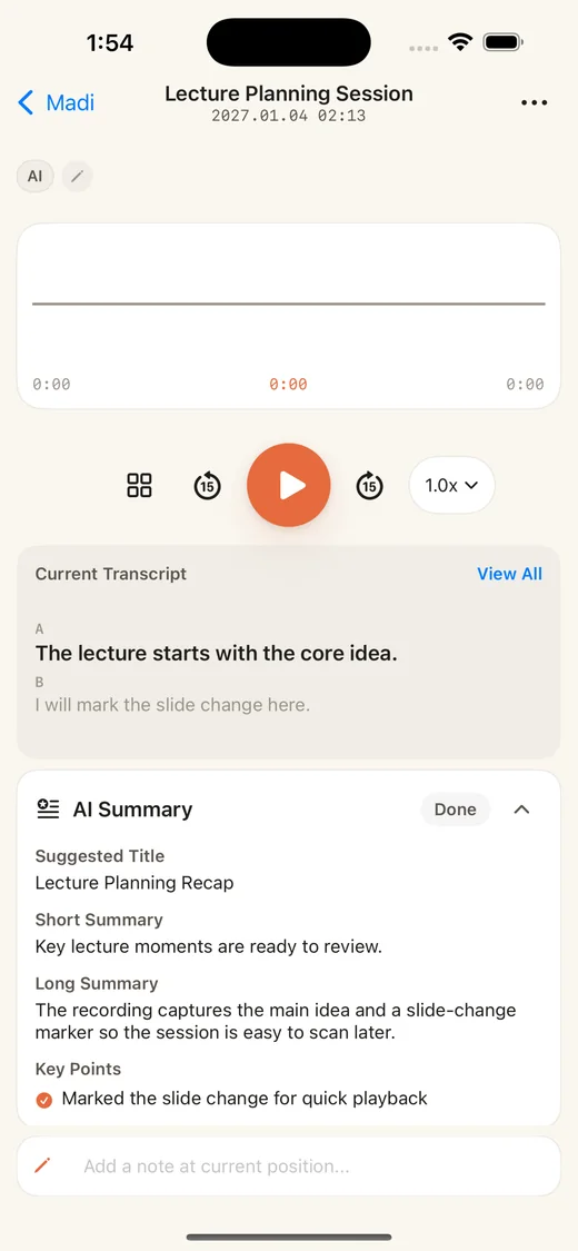 Madi recording detail screen with transcript, playback controls, and AI summary.