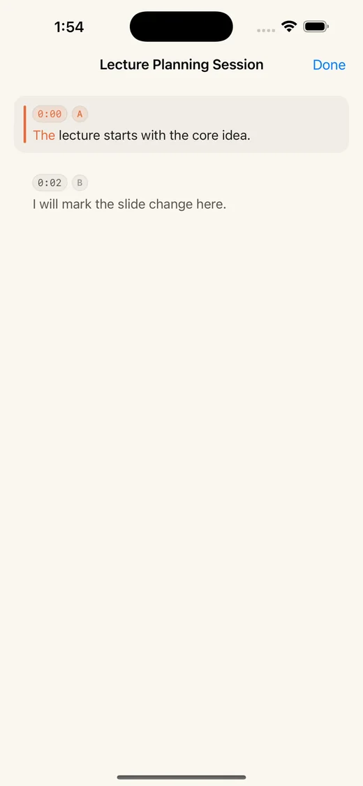 Madi full transcript reading screen with timestamped text.
