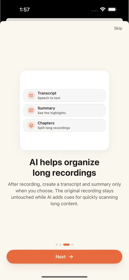 Madi onboarding screen showing transcript, summary, and chapter options.
