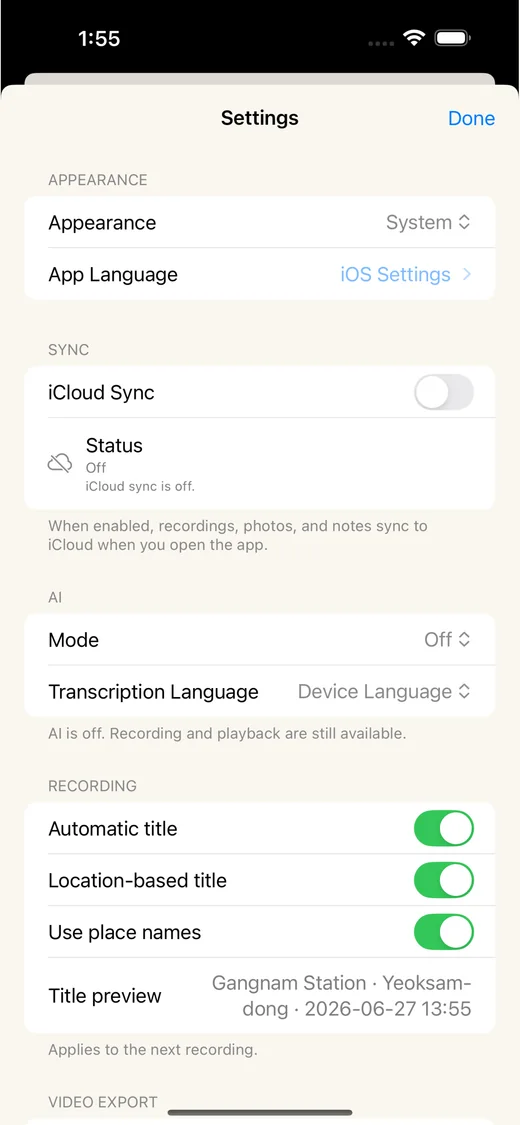 Madi settings screen with appearance, sync, AI, recording, and video export preferences.